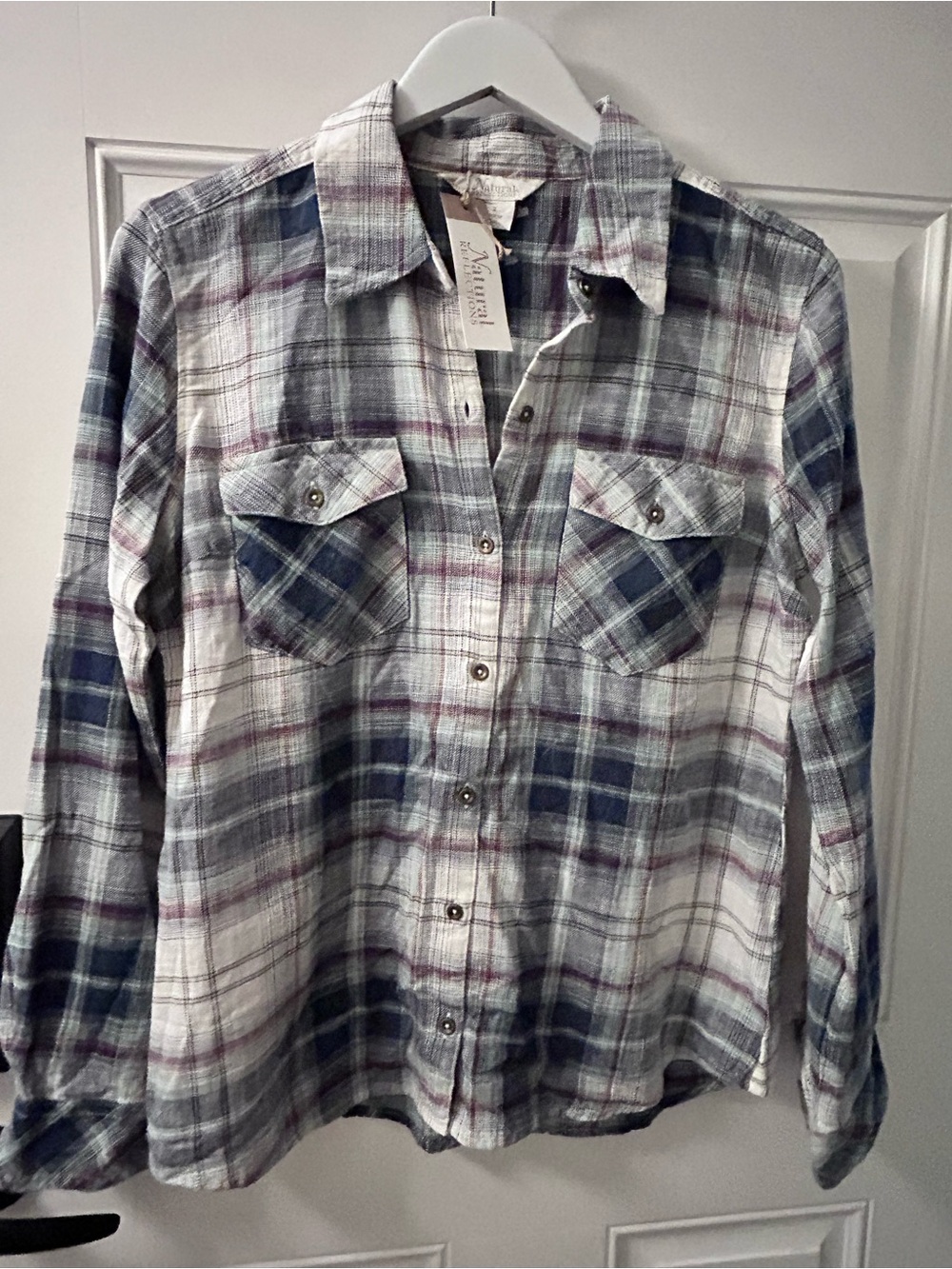 Natural Reflections Plaid Button-Down Shirt - White, Blue & Purple